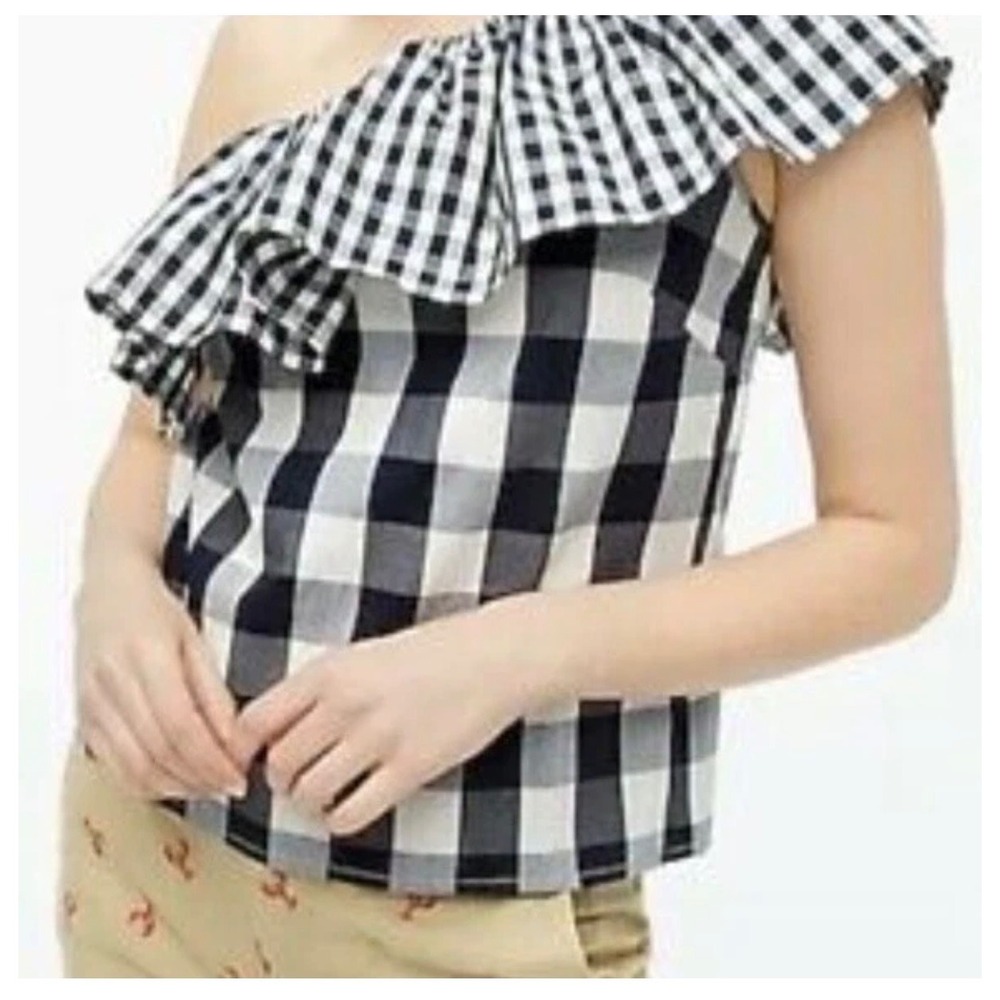 J.Crew Womens One Shoulder Ruffle Gingham Top Navy Blue White AZ102 Size 4 NWT